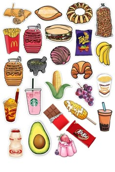 an assortment of food stickers on a white background