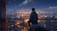 a man sitting on top of a building looking out over a city at night time