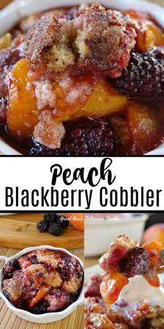 peach blackberry cobbler collage with text overlay and images above the image in full color