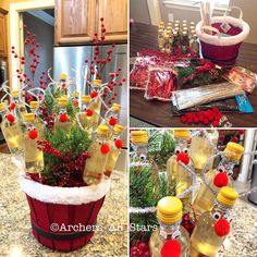 christmas decorations in bottles on the kitchen counter