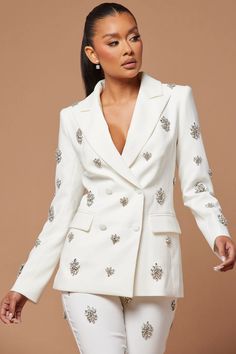 Verona Embellished Jacket - White | Fashion Nova, Luxe | Fashion Nova Spring Glamorous Embellished Blazer, White Single-breasted Outerwear For Parties, White Single Breasted Outerwear For Party, White Single Breasted Party Outerwear, Chic Embellished Long Sleeve Blazer, White Party Outerwear With Button Closure, Glamorous Long Sleeve Embellished Blazer, Fall Wedding Embellished Outerwear, Chic Fall Blazer With Rhinestones