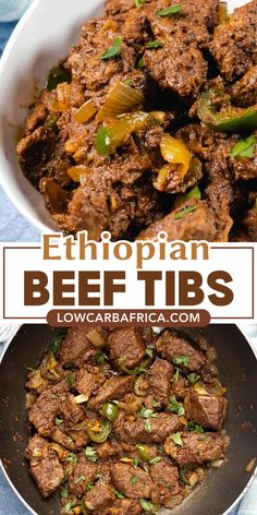 beef and peppers in a white bowl with the words ethiopian beef tips above it on top