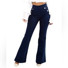 Wide Leg Dark Denim Pants All 3 Sizes They Have A Bit Of Stretch Really Good Material. Chic Flare Denim Pants, Blue Wide Leg Flare Jeans With Button Closure, Flared Wide Leg Denim Pants With Pockets, Trendy Denim Blue Flare Jeans With Buttons, Trendy Wide Leg Flare Jeans With Button Closure, Casual Flare Bottoms With Buttons, Fitted Denim Blue Pants With Button Closure, Trendy Dark Wash Flare Pants, Chic Flare Denim Blue Pants