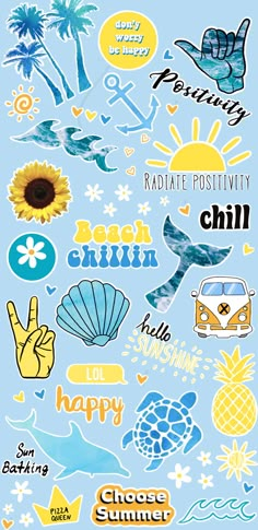 various stickers that are on the side of a blue background with sunflowers and palm trees