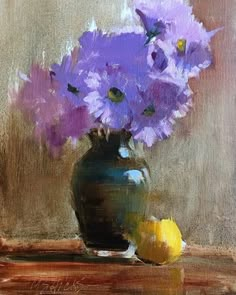 a painting of purple flowers in a blue vase next to an orange and a lemon