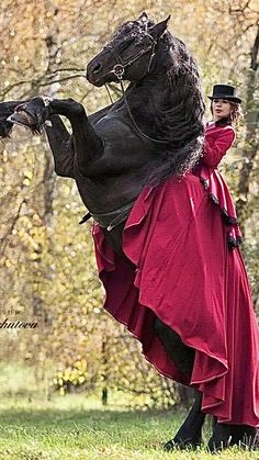 a woman in a long red dress and top hat riding a black horse on its hind legs