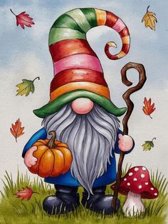 Whimsy Fall Gnome - Paint by numbers Gnome Painting Acrylic, Gnome Pumpkin Painting Ideas, Pumpkin Gnome Painting, Gnome Drawings Easy, Gnomes Art Drawings, Simple Gnome Painting, Paint And Sip Fall Ideas, Summer Gnomes Painting, Garden Gnome Painting