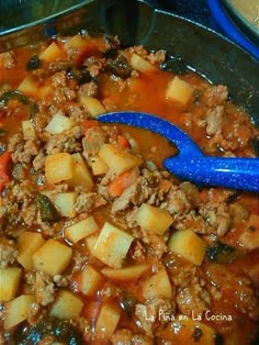 a blue spoon sitting in a pot filled with stew and potatoes on top of a table