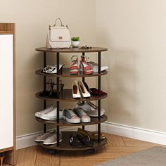 a round shelf with several pairs of shoes on it