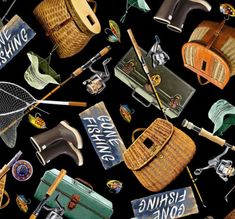 a black background with lots of different types of items on it, including luggage and hats