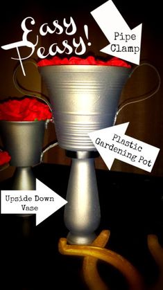 a silver vase with red flowers in it and labeled instructions on how to use it