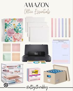 an office essentials kit with supplies including printer, binder, file folder and other items