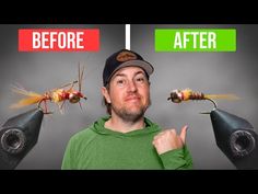 a man is holding two mosquitoes in front of his head and pointing to the side