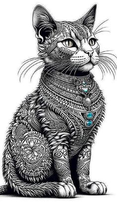 a black and white drawing of a cat with an intricate design on it's chest