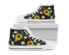 These Cute Cat shoes are sure to attrack some attention ! Our custom made shoes  will make the best gift for any occasion! All of our sneakers are custom-made-to-order and handcrafted to the highest quality standards                 Check out more of our footwear here:https://www.etsy.com/shop/unicornshoesshop/Product Name: Womens Sunflower Shoes | Sunflower Sneakers | Cute Shoes | Sunflower Gifts | Custom High Top Converse Style Sneakers For Adults Women & MenProduct Features;▶ Full canvas Sunflower Sneakers, Sunflower Shoes, Unicorn Shoes, Sneakers Cute, Painted Sneakers, Style Converse, High Top Converse, Cat Shoes, Custom Made Shoes