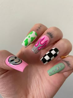 Mix and Match Alien PRESS ON NAILS | Y2K Nails | Colorful Nails | Mismatch Nails, Checkered, Melting Smiley, Cow Print, Celestial Nails#Nail #nailcolor #nailpolish Opposite Nail Designs On Each Hand, Coloring Nails, Pfp Y2k, Western Nails, Nails Y2k, Punk Nails, Simple Acrylic Nails, Y2k Nails, Glamorous Nails