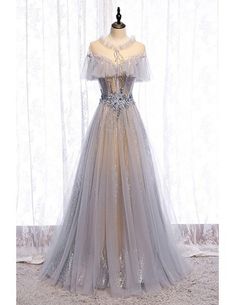 Beautiful Grey Flowy Tulle Unique Prom Dress with Beadings Tulle Formal Dress, Lace Long Prom Dress, Grey Prom Dress, Banquet Dresses, Fantasy Dresses, Unique Prom Dresses, Prom Dress Inspiration, Custom Size Dresses, A Line Prom Dresses