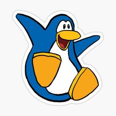 a blue and yellow penguin sticker with an orange beak on it's head