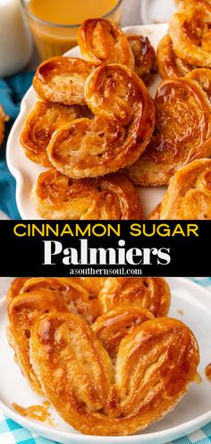 cinnamon sugar palmiers on a white plate next to a glass of orange juice