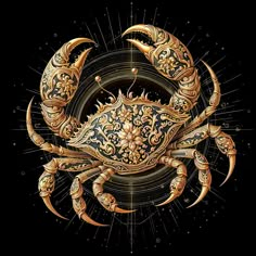 a gold and black crab with intricate designs on it's back, against a black background