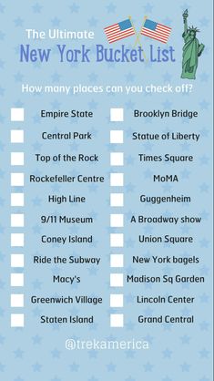 the ultimate new york bucket list is shown in blue and white with an american flag on it