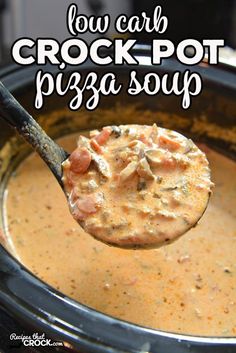 a spoon full of crockpot pizza soup in a slow cooker with text overlay