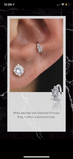 an earring with diamonds on it and the caption says, when diamond with diamond princess ring it offers a distinctive look