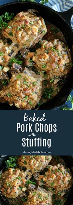 baked pork chops with stuffing in a cast iron skillet and topped with parsley