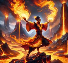 a man standing on top of a rock covered in fire