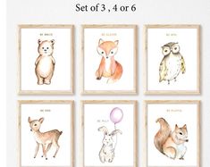 four watercolor animals are shown with the words set of 3, 4 or 6