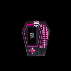 a pink and black electronic device with skulls on the front, skull in the back