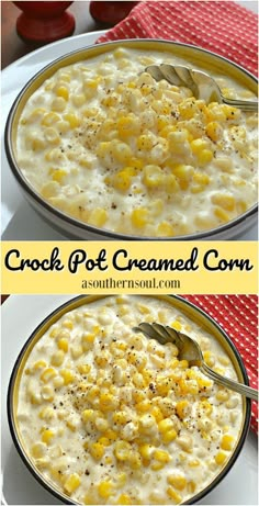 two bowls filled with creamed corn on top of a red and white checkered table cloth