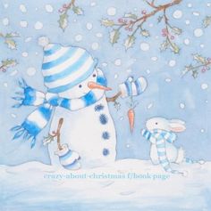 a painting of a snowman and rabbit in the snow