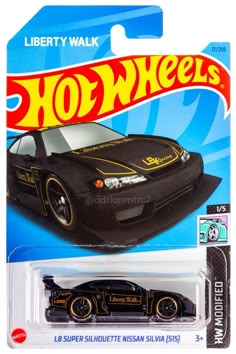 a black toy car with yellow lettering on it