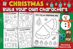 christmas build your own characters worksheet for kids to practice their handwriting and numbers