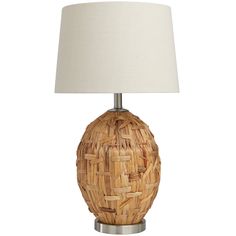 a lamp that is made out of wood and has a white shade on the top