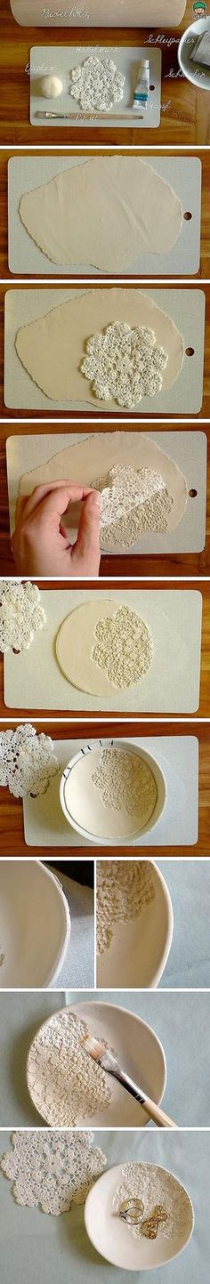 the process of making decorative plates with lace on them