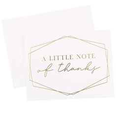 two thank cards with the words a little note of thanks in gold foil on white paper