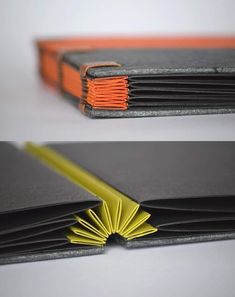 two different views of an open book with yellow and orange pages on the front, and black covers on the back