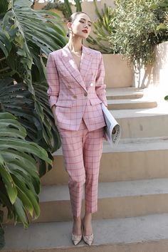 Women's Pink Plaid Double Breasted Blazer Crop Pants Suit Set Plaid Suits Women, Sets Outfit, Suit Pants, Snow Dress, Plaid Suit, Pink Plaid, Professional Women, Double Breasted Blazer, Office Ladies