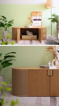 two pictures of a living room with furniture and plants on the sidelines, one showing an entertainment center