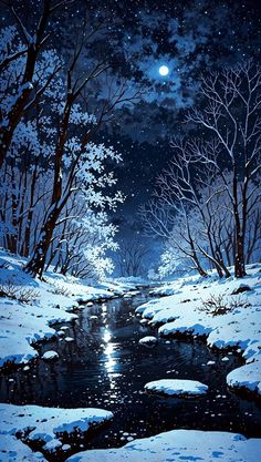 a painting of a snowy river at night