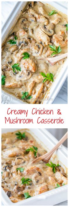 creamy chicken and mushroom casserole in a white dish