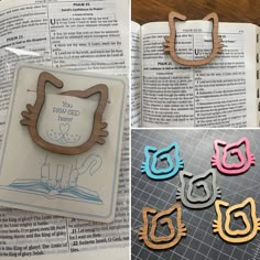 three pictures of wooden cat magnets on top of an open book with the pages cut out