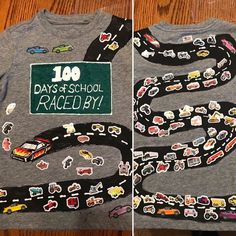 two pictures of the same shirt with cars and trucks on it, one has a sign that says 100 days of school race day