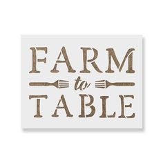 the words farm to table written in brown on a white background