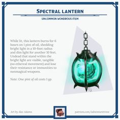 a green lantern hanging from a chain with the words, special lanterner uncommon wondroous item