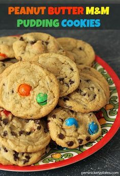 peanut butter m & m pudding cookies on a red and green plate with the title above it