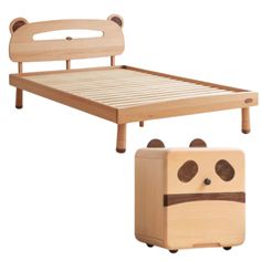 a wooden bed with a panda bear head on it and a suitcase next to it