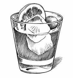 a drawing of an apple in a glass with ice cubes on the side,